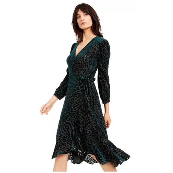 Calvin Klein Burnout Velvet Animal Print Long Sleeve Wrap Dress Teal Green 2 - Picture 1 of 8